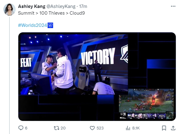 韩媒记者Ashley Kang更推：Summit > 100 Thieves > Cloud9